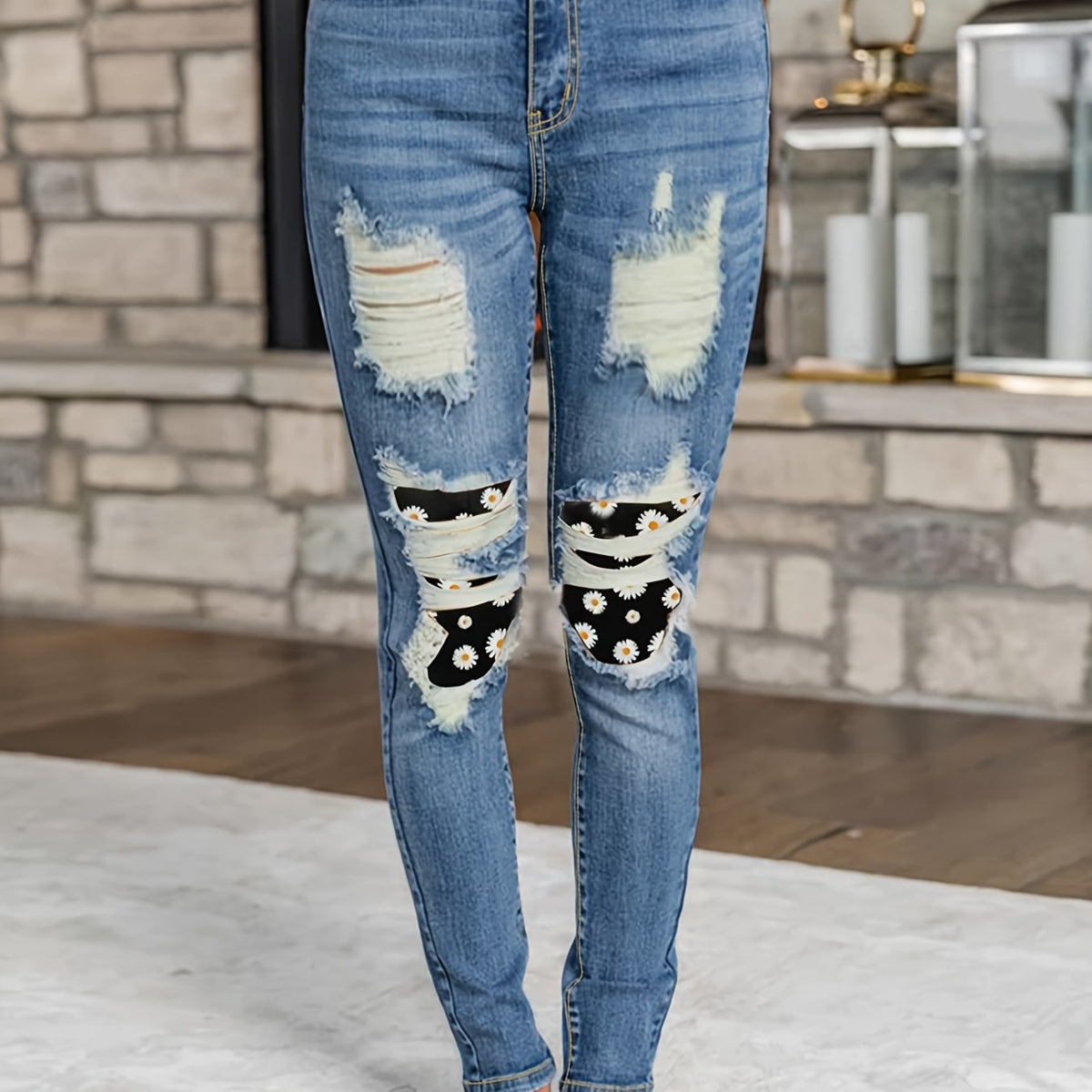  Casual Jeans Women's Plus Floral Print Ripped High Rise Jeans