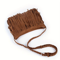 Fringe Solid Shoulder Bag Braided Strap Suede Stylish Crossbody Bag Zipper
