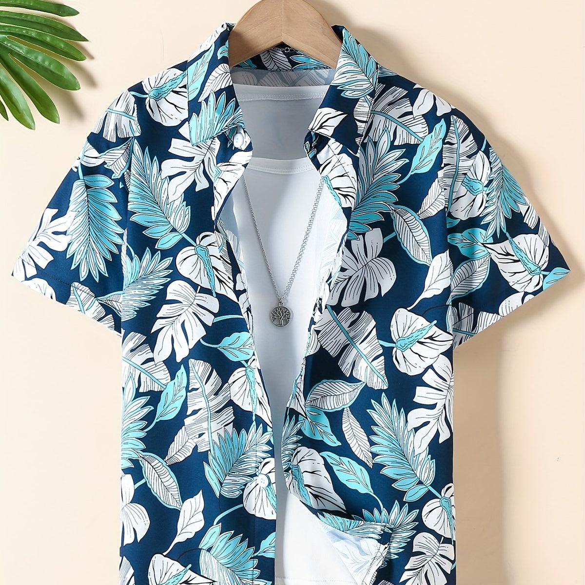 Boys Leaf Print Short Sleeves Shirt For Vacation Beach Kids Summer Clothes