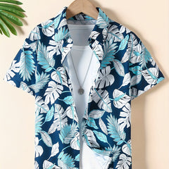 Boys Leaf Print Short Sleeves Shirt For Vacation Beach Kids Summer Clothes