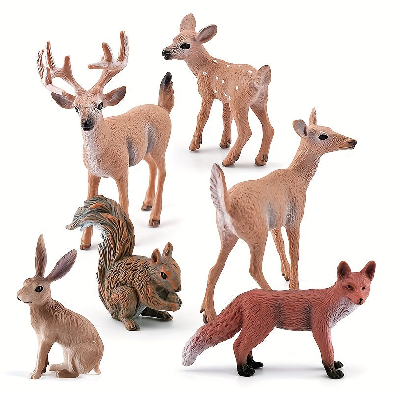 6pcs PVC Animal Set: Deer, Fox, Squirrel, Rabbit, Reindeer Desktop Ornament
