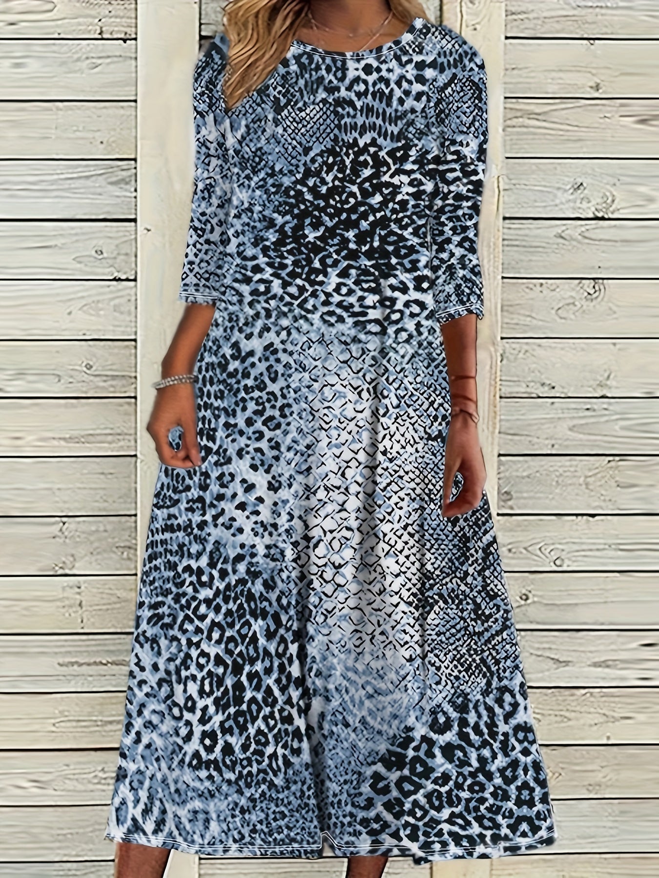  Leopard Print Three Quarter Sleeve Maxi Dress