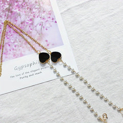 Velvet Double Heart Pendant Mask Chain with Faux Pearl Detail
