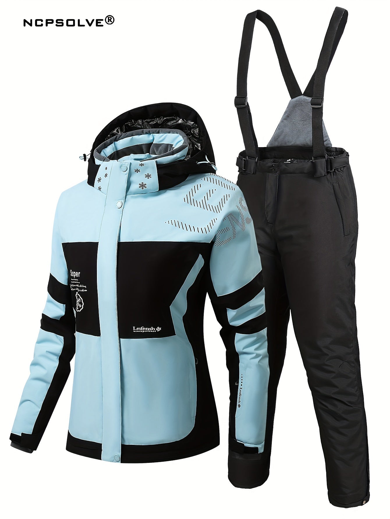 Snowflake & Letter Print Ski Set Hooded Jacket & Suspender Trouser