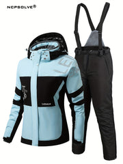 Snowflake & Letter Print Ski Set Hooded Jacket & Suspender Trouser