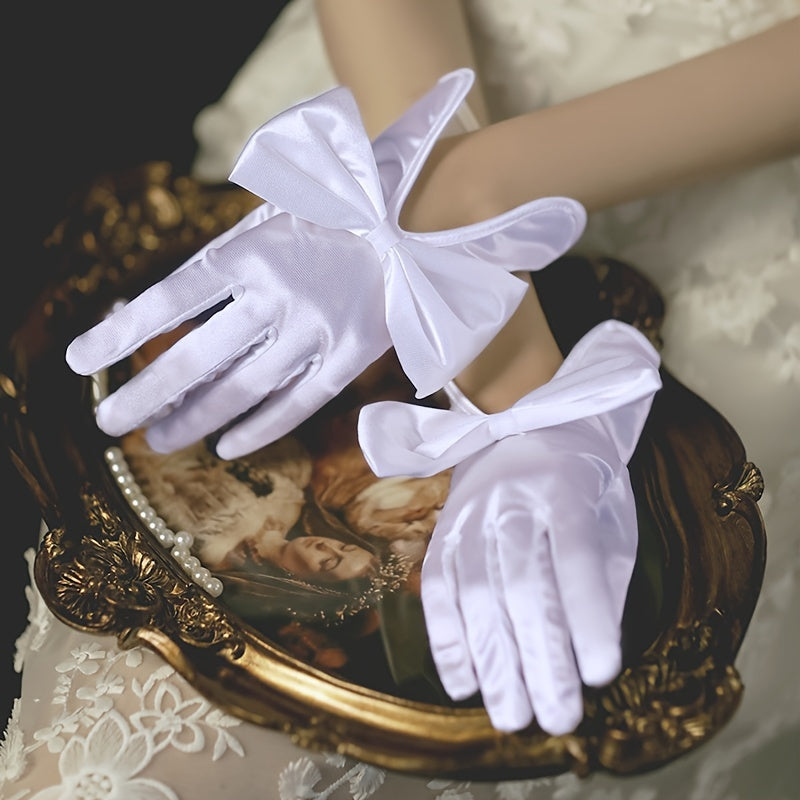Bride Short Satin Elastic Big Bow Wedding Gloves Red Beige
