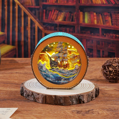 3D Wooden Puzzle Night Light Sailing in Stormy Seas Touch Switch