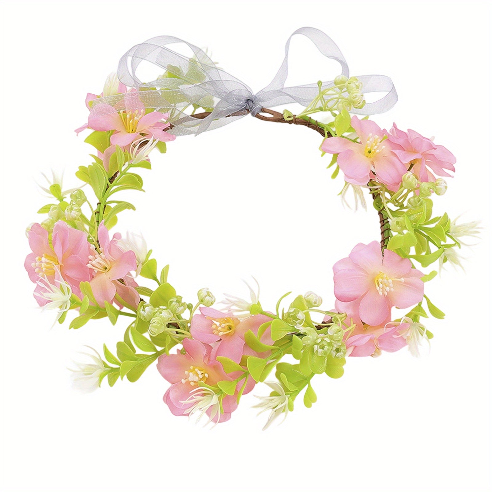 Floral Crown Headband Cherry Blossoms Ribbon Pink Green