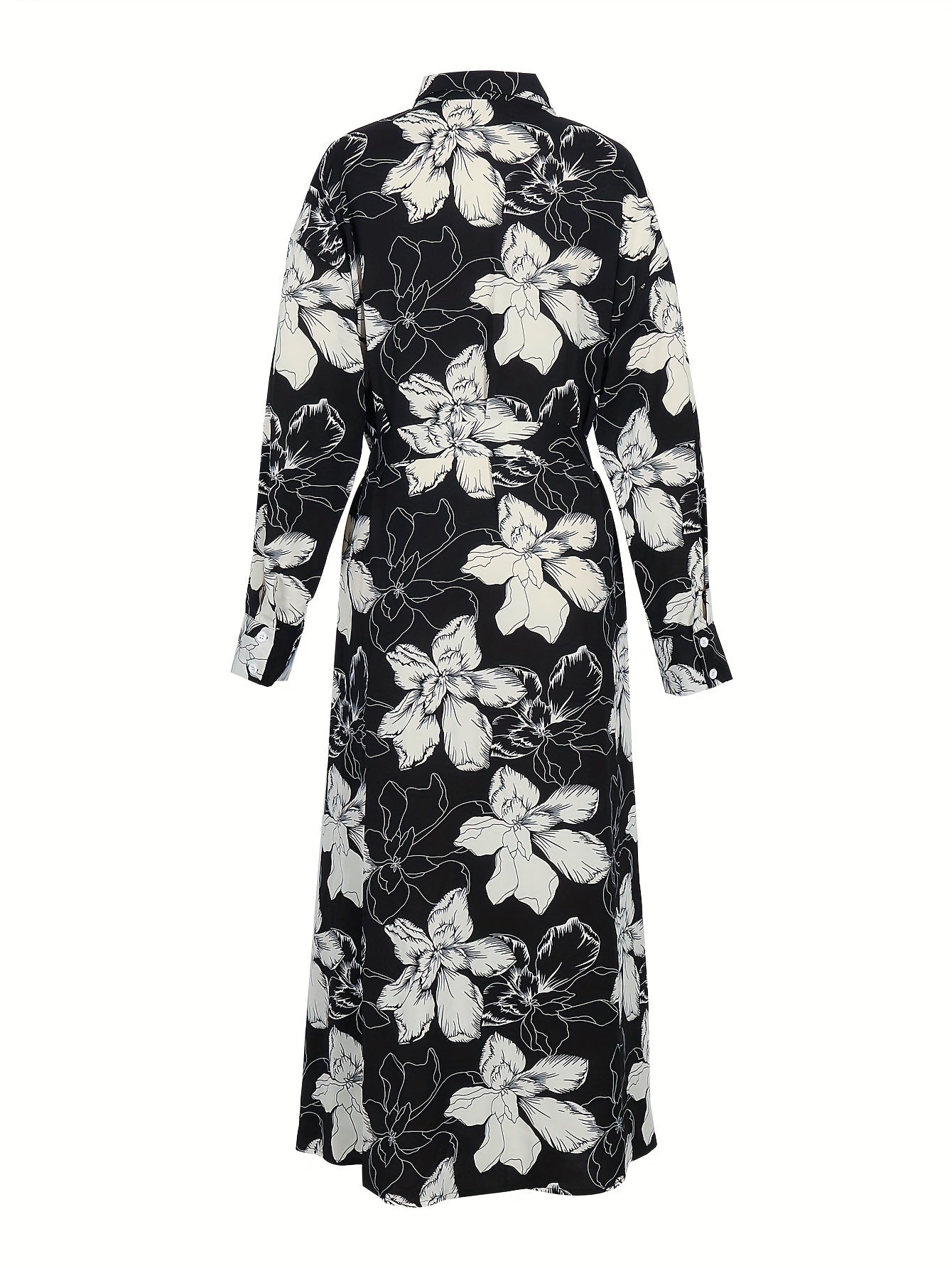  Floral Print Long Sleeve Shirt Dress With Belt