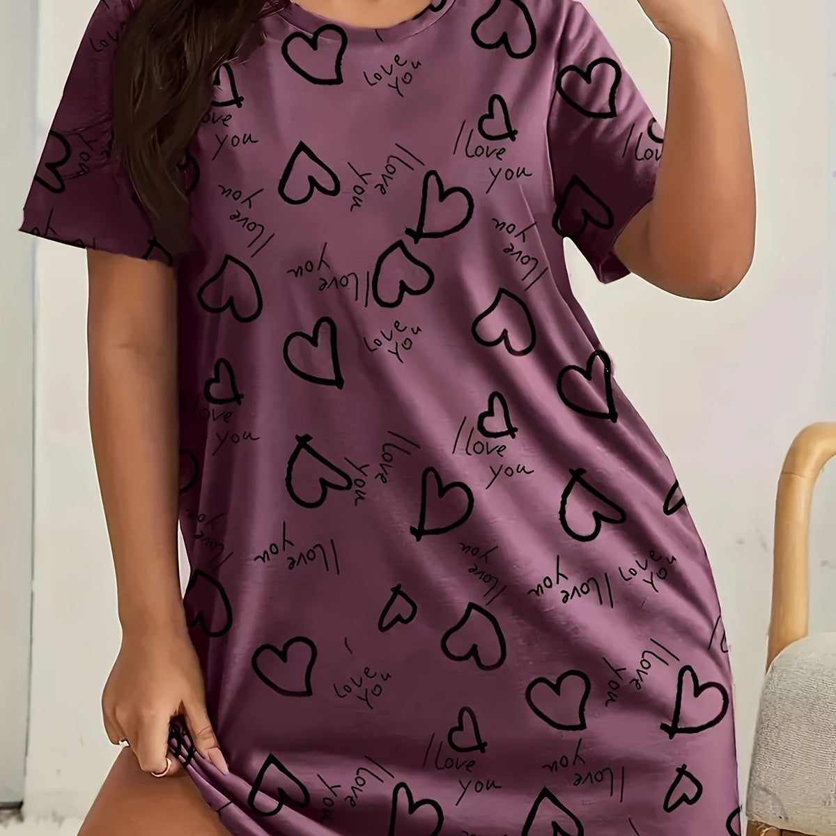 Heart Print Short Sleeve Tee Sleep Dress