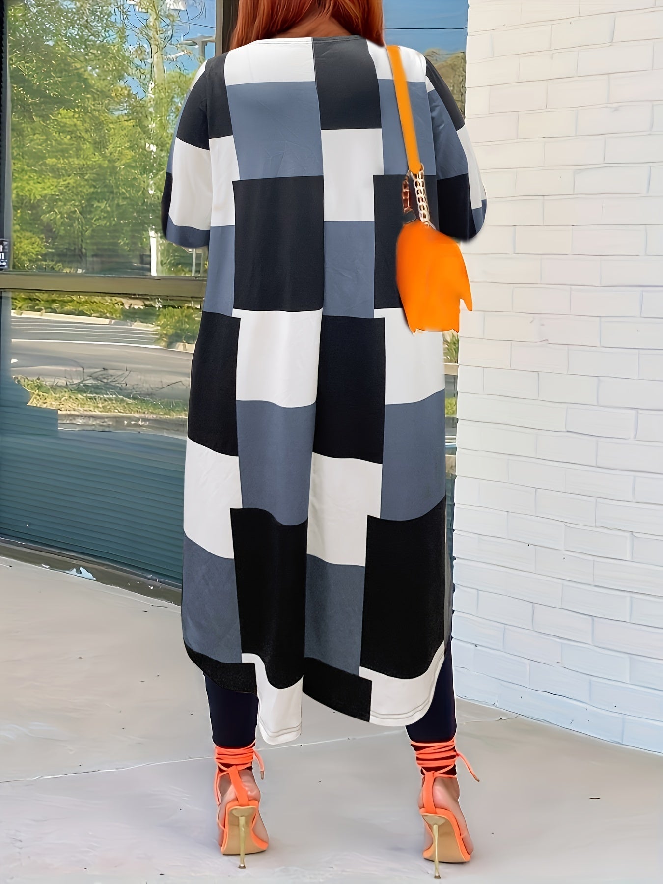  Plaid Print Batwing Sleeve Boat Neck Dress