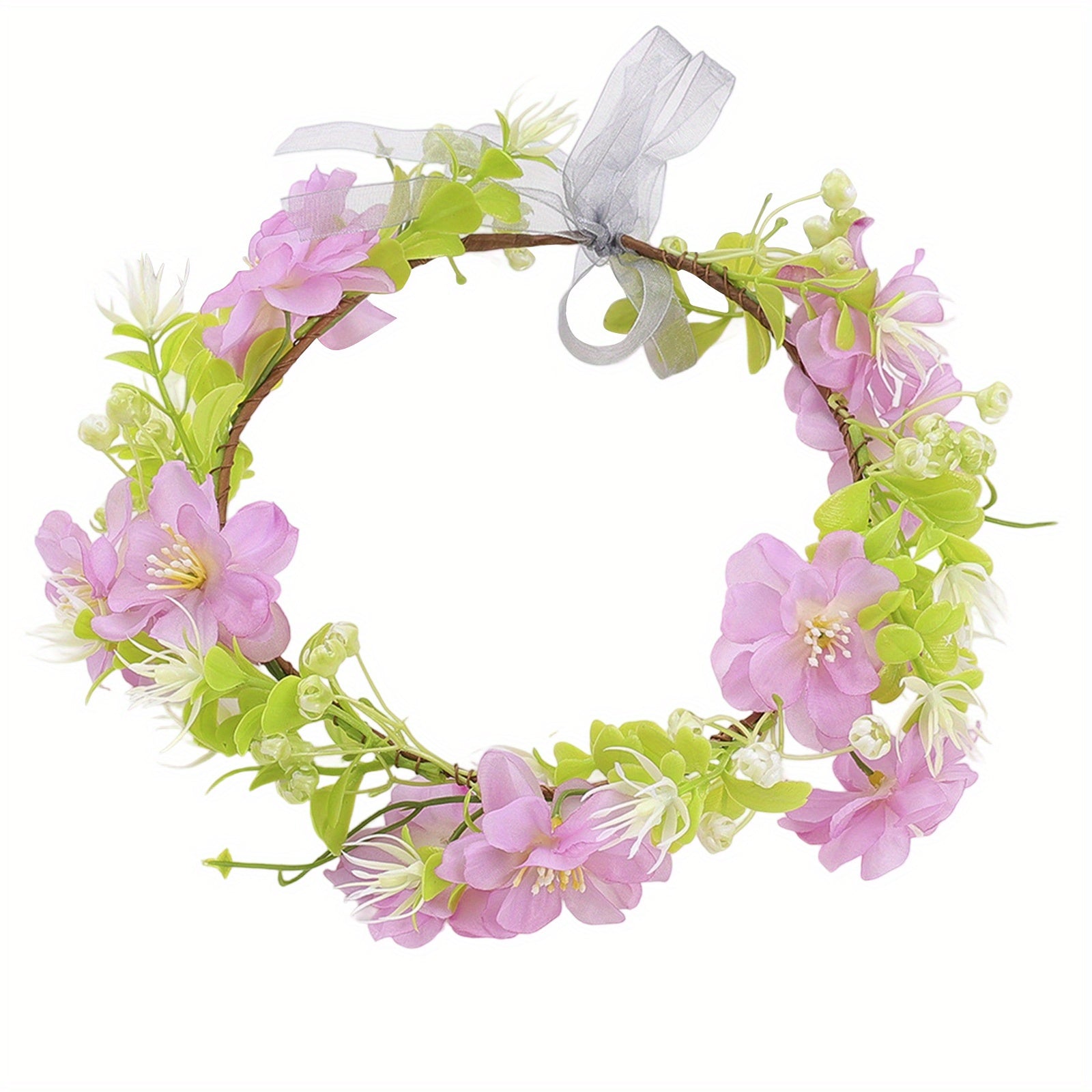 Floral Crown Headband Cherry Blossoms Ribbon Pink Green