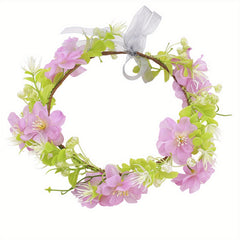 Floral Crown Headband Cherry Blossoms Ribbon Pink Green