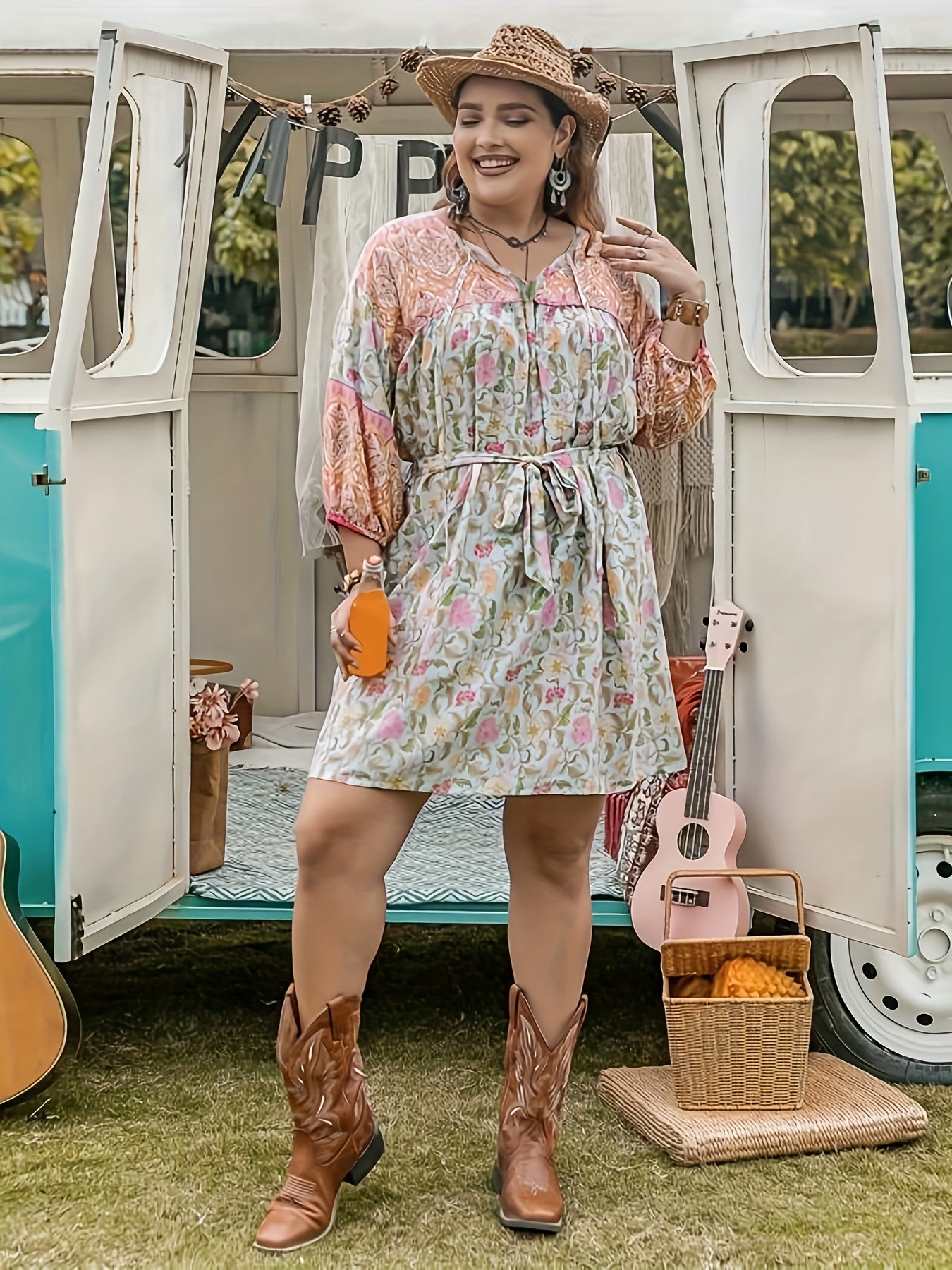 Colorblock Floral Print Lantern Sleeve Mini Dress With Belt