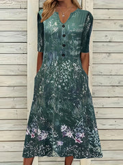 Women's Plus Floral Print Button Decor Short Sleeve Notched Neck Dress