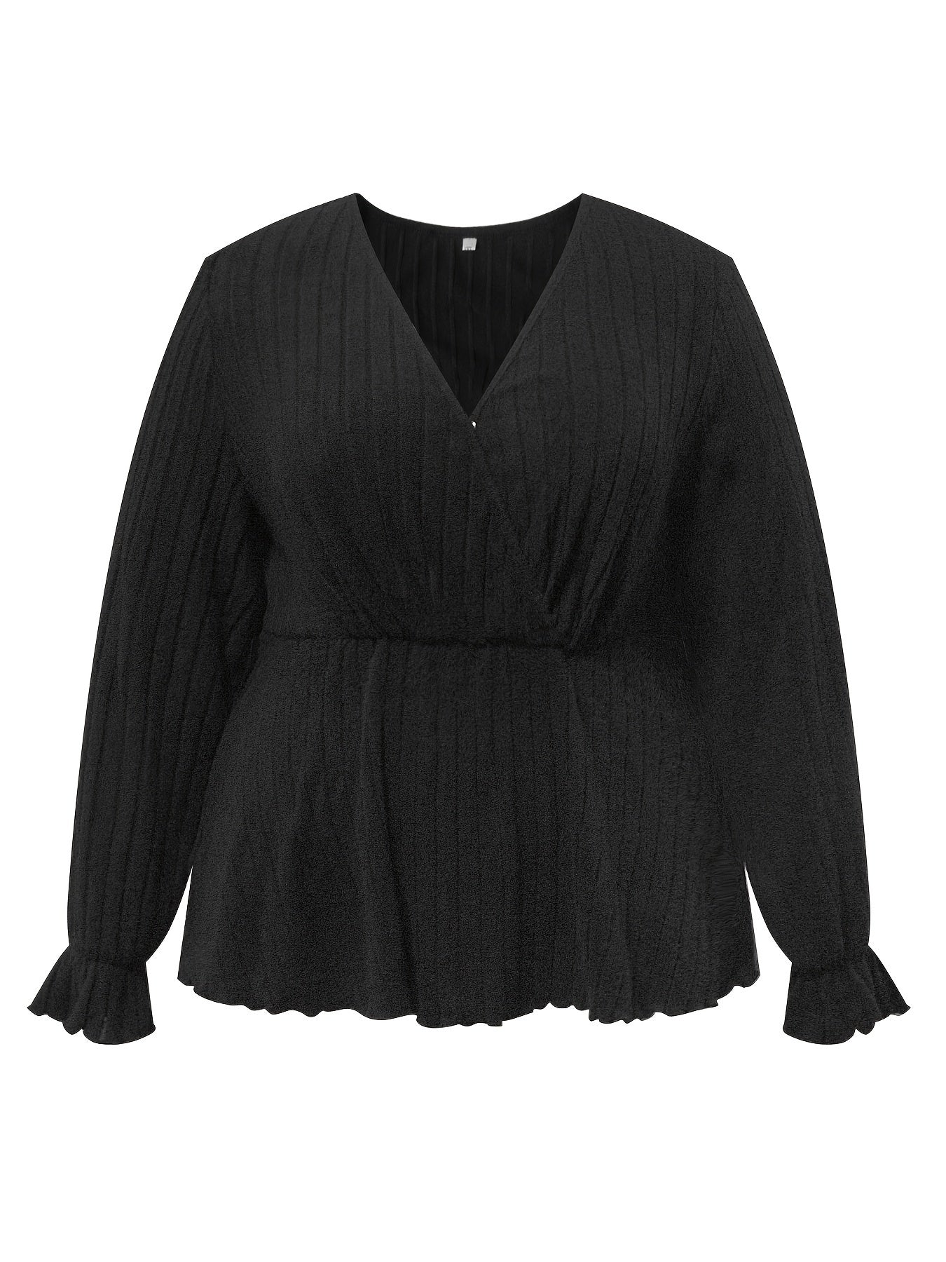  Solid Flounce Sleeve Ribbed Knit Peplum Top