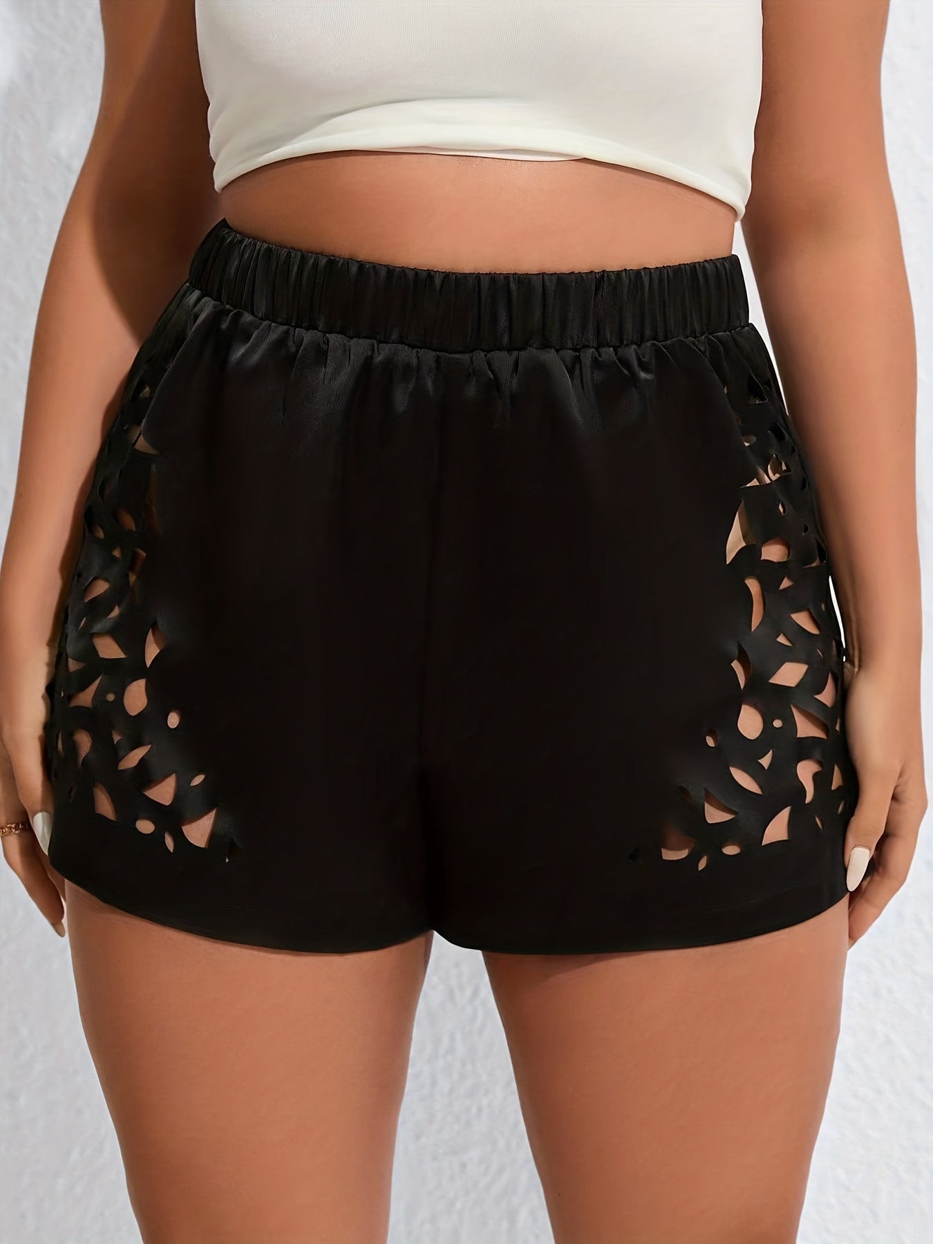  Casual Shorts Women's Plus Solid Hollow Out Elastic High Rise Shorts