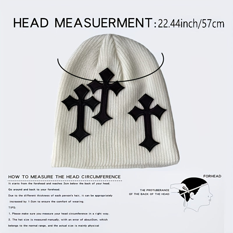Gothic Cross Patch Knitted Beanie Solid Skull Hat Hip Hop Warm Knit Hat