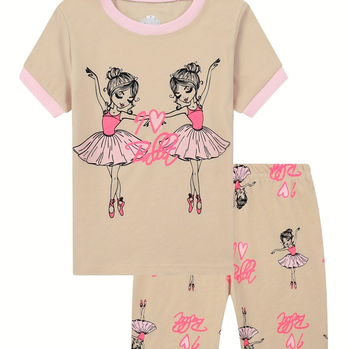 Girls Ballet Girl Graphic Pajamas Set Short Sleeve Tee & Shorts Sleepwear
