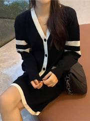 Button Up Cardigan & Knee Length Skirt Set for Women
