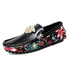 Floral Print Loafers Metal Decor Slip On Shoes Low Top Flat Shoes