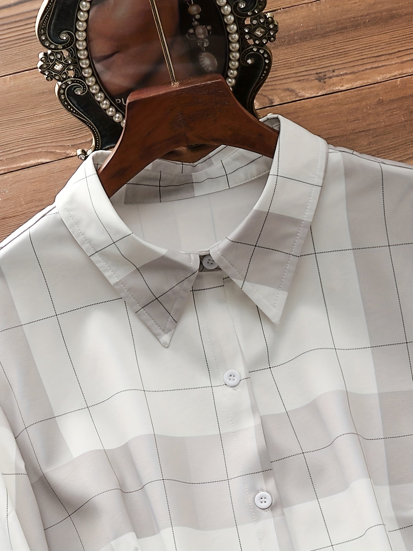  Colorblock Grid Print Button Up Blouse