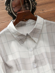  Colorblock Grid Print Button Up Blouse