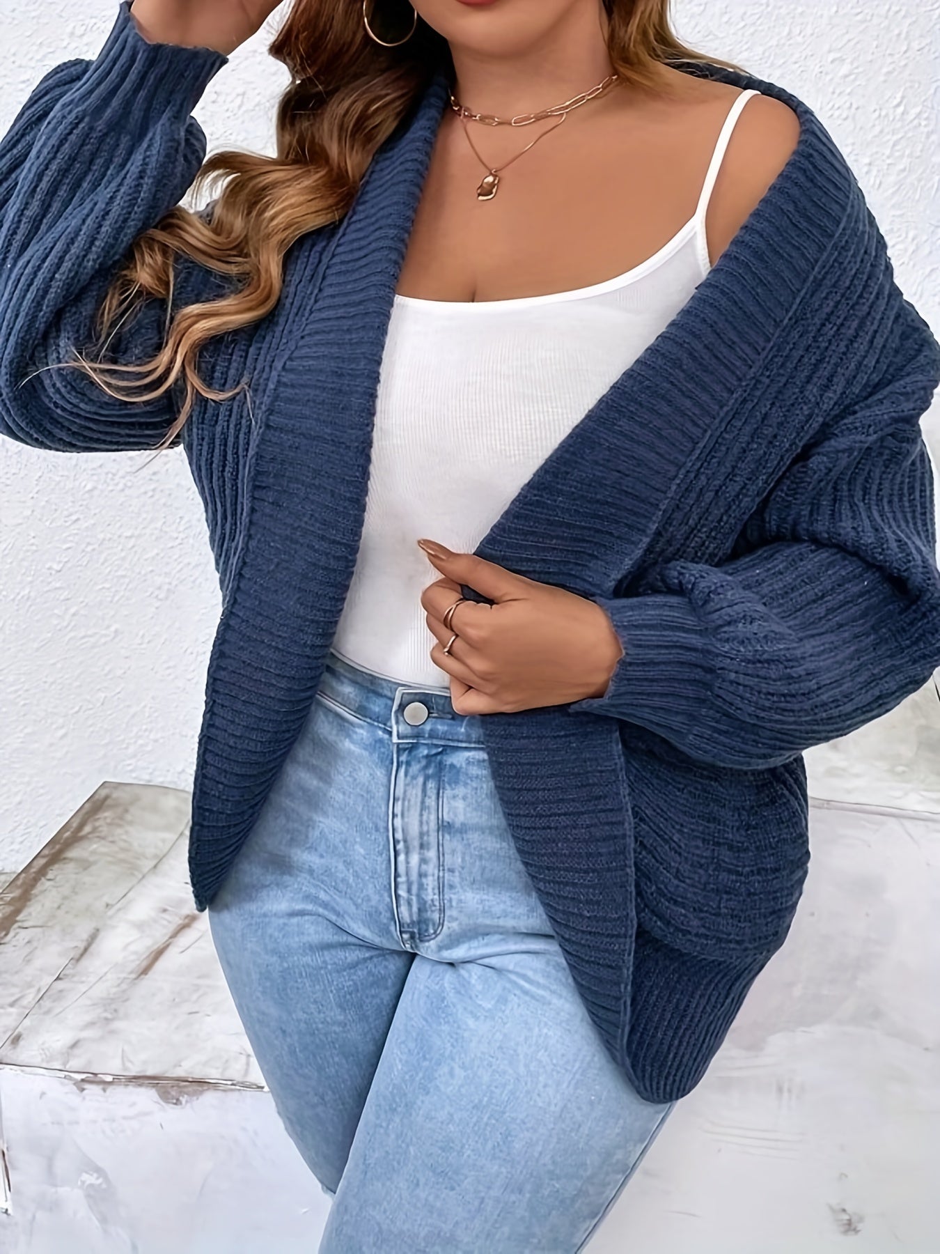  Solid Ribbed Lantern Sleeve Cardigan
