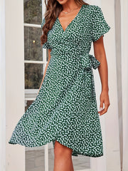 Floral Print Vacation Dress V Neck Short Sleeve Knot Summer Dress