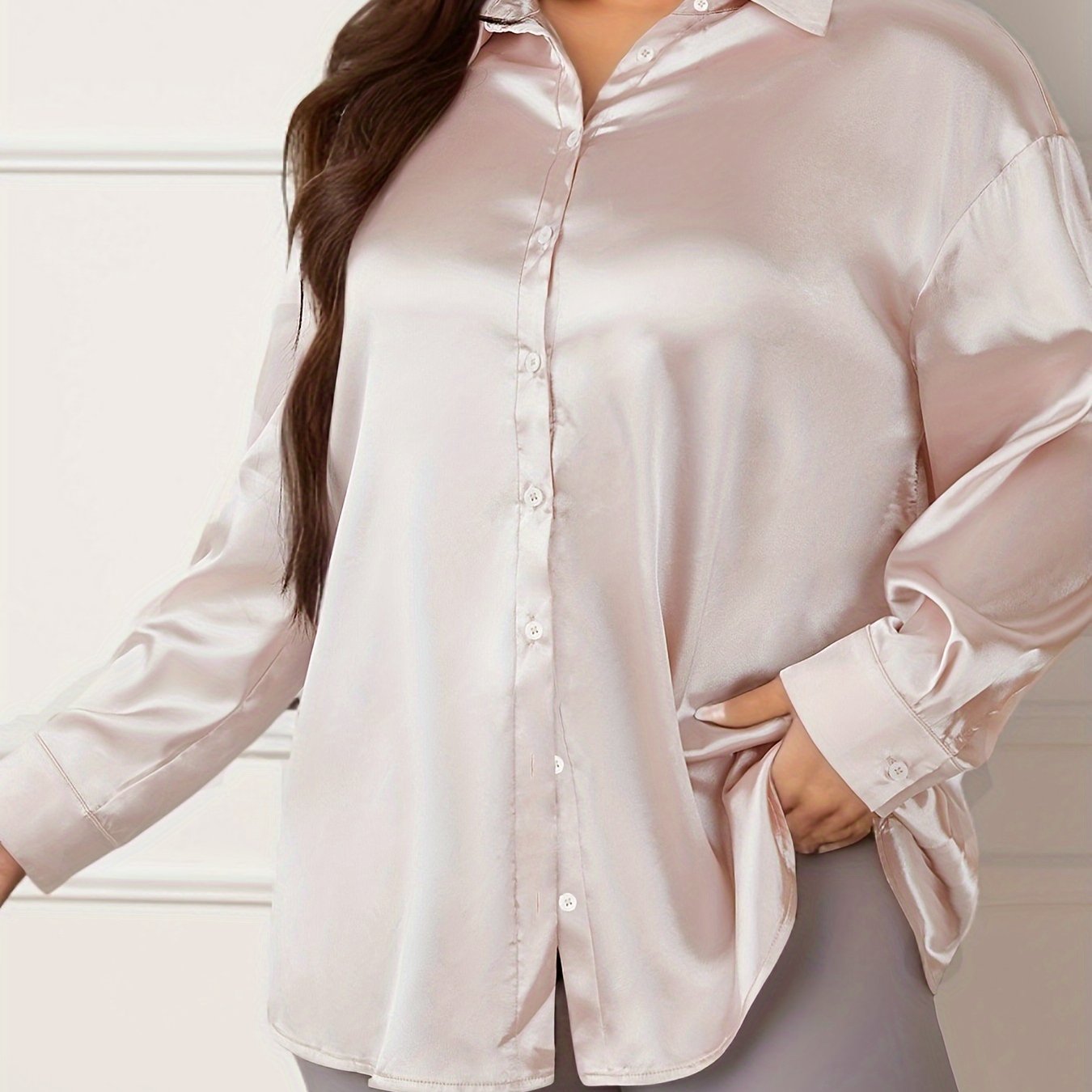  Solid Satin Long Sleeve Button Up Blouse