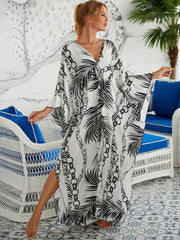  Leaf Print Bat Sleeve V Neck Cover Up Dress