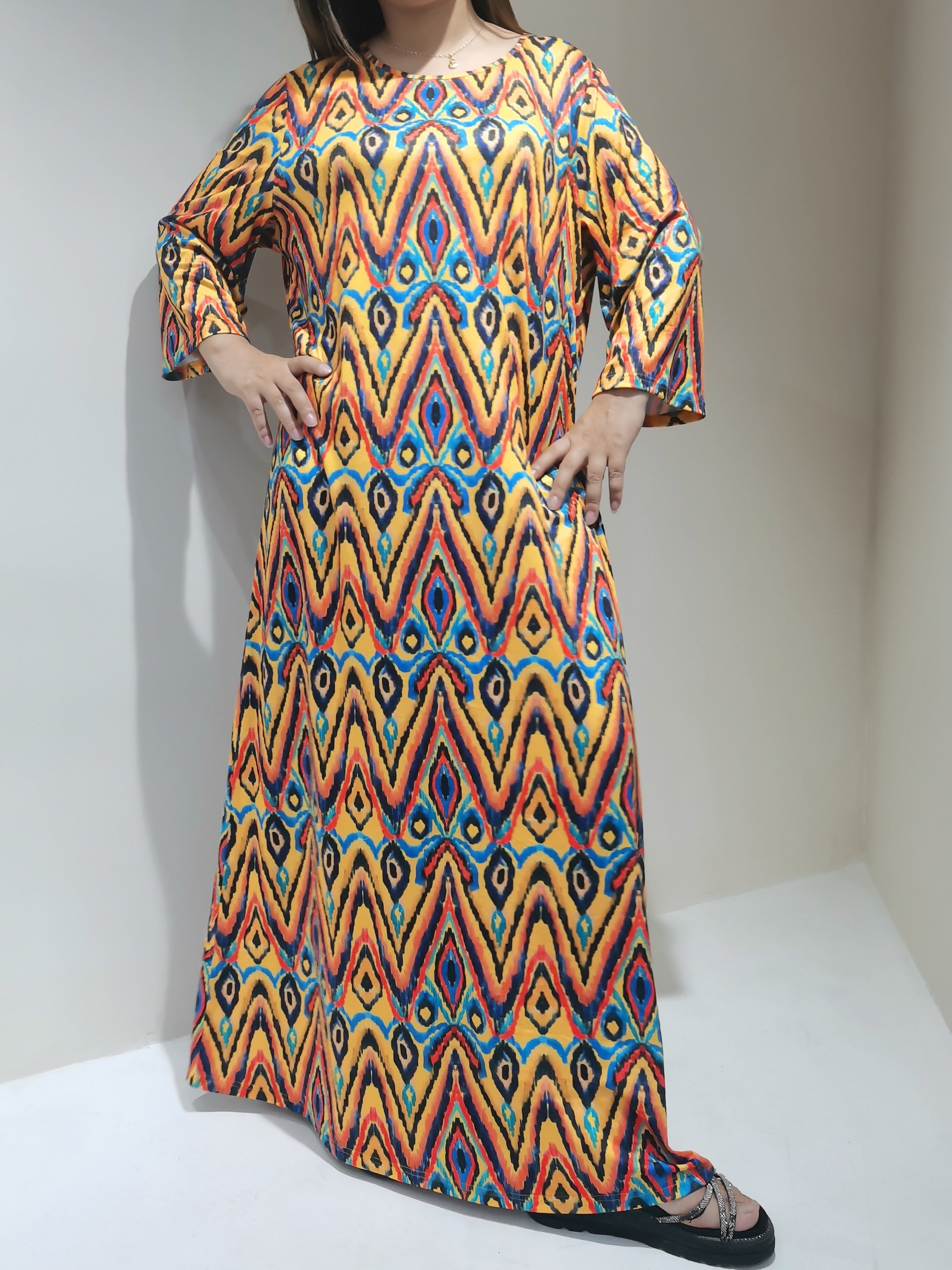  Boho Lounge Dress Women's Allover Print Long Sleeve Round Neck Tee