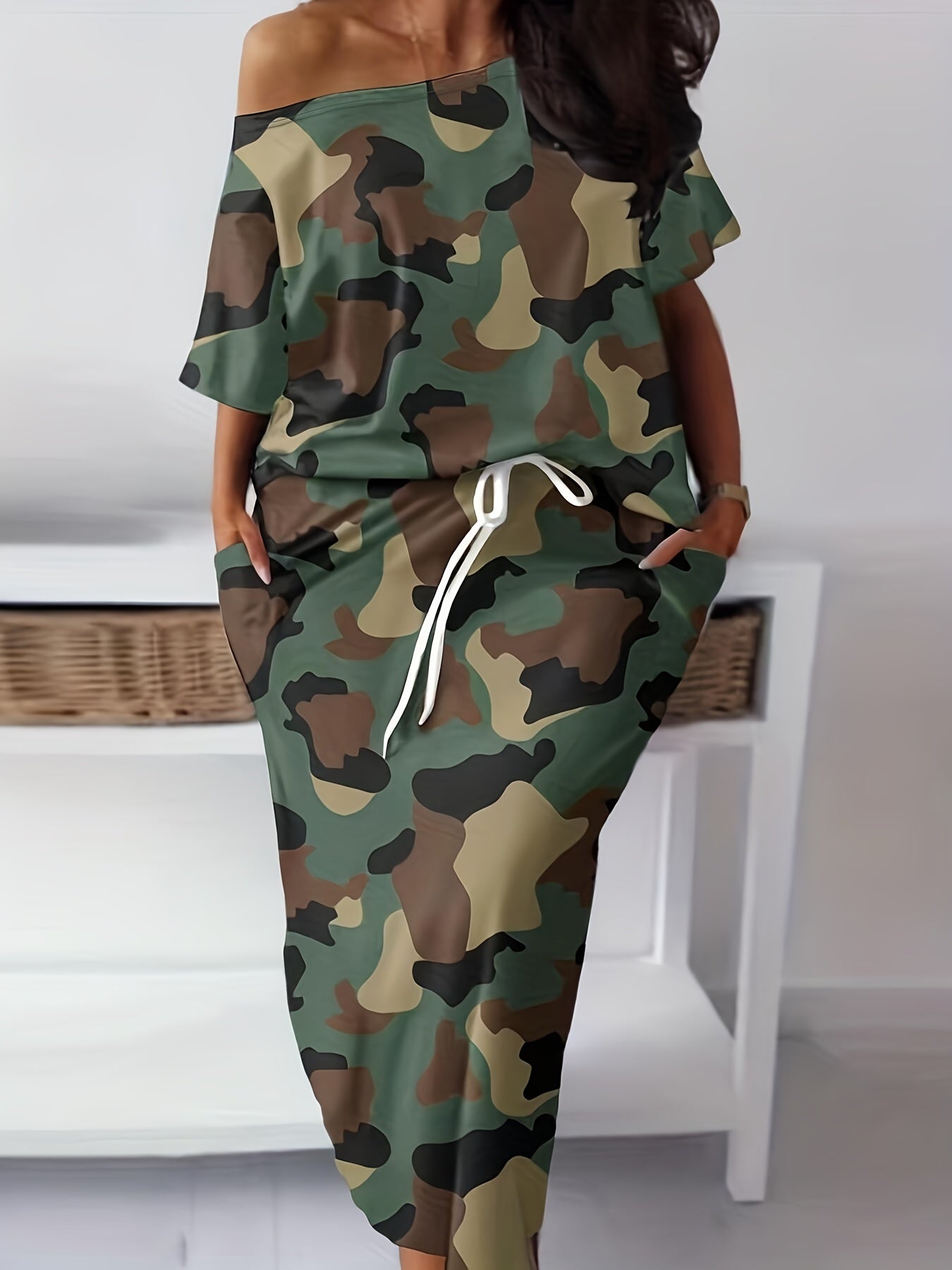  Camo Print One Shoulder Tee & Pocketed Skirt Set