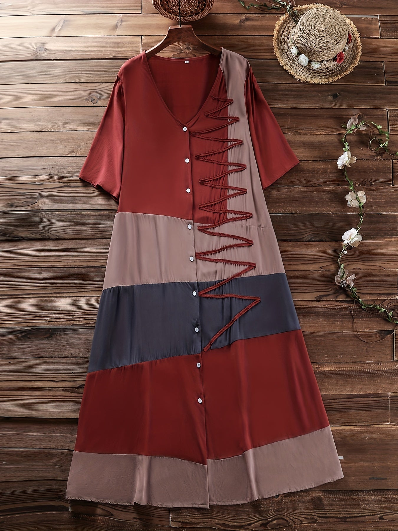  Colorblock Button Up V Neck Tee Dress