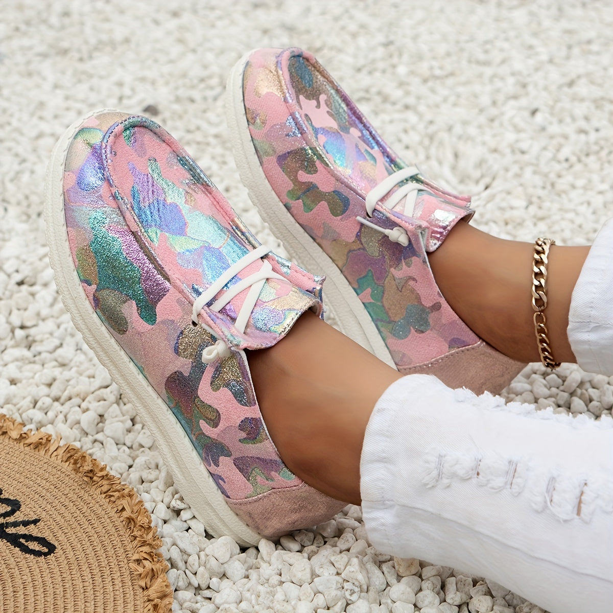 Women's Sequins Pattern Slip On Canvas Shoes Lightweight Round Toe Non Slip
