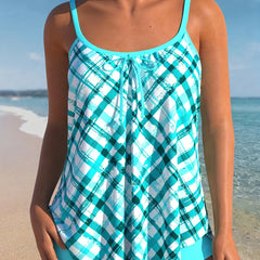  Tankini Set Women's Grid Print Tie Front Cami Top & Shorts