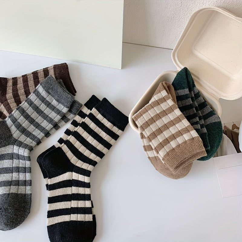 5 Pairs Striped Crew Socks Mid Tube Socks Women's Stockings & Hosiery