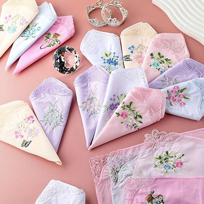 Vintage Floral Embroidered Handkerchiefs Soft Pink Beige Light Purple