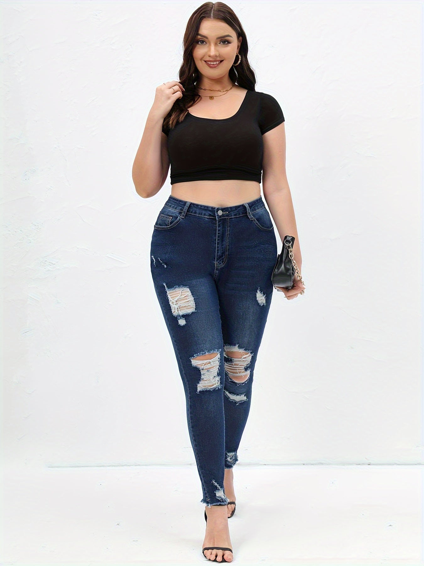  Casual Jeans Women's Plus Solid Ripped Skinny Jeans