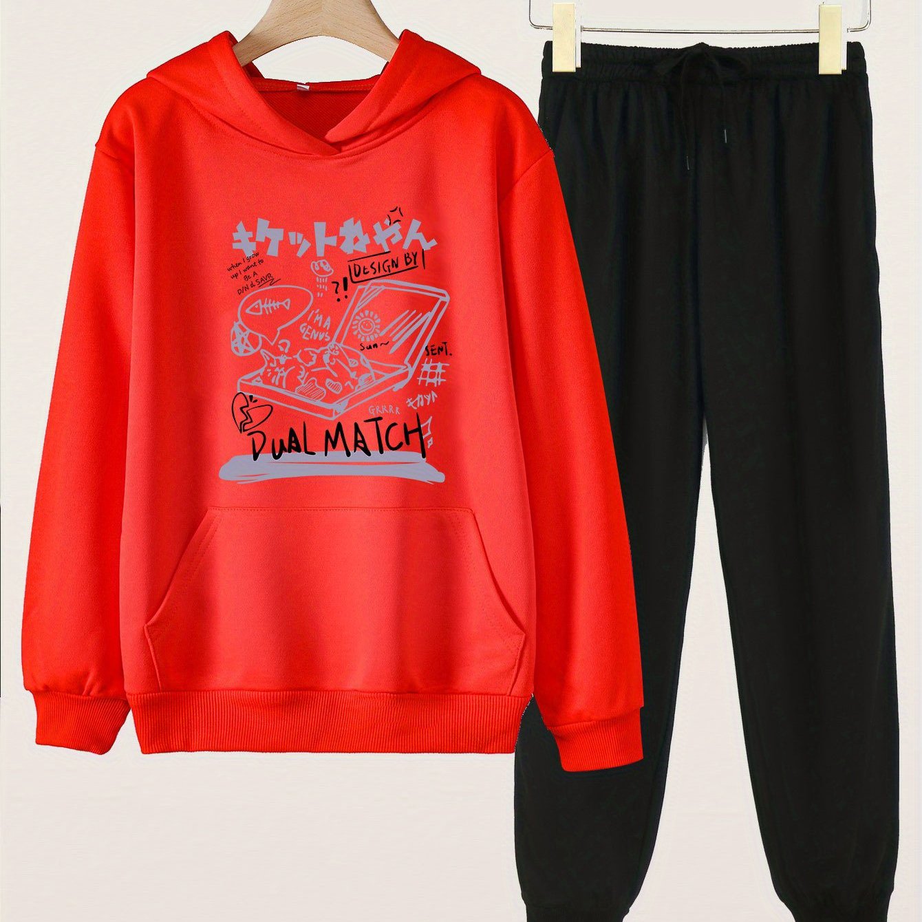Japanese Letter & Box Print Hooded Outfit For Girls - Hoodie & Comfy Pants
