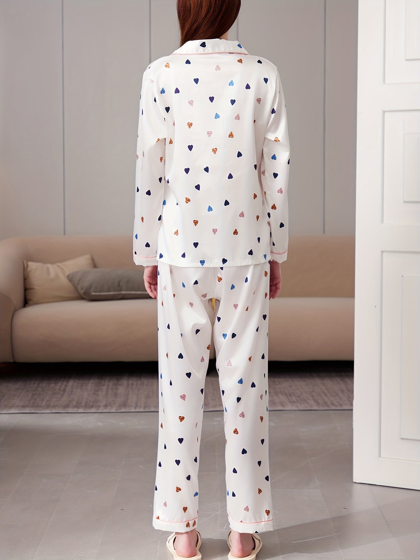 Heart Print Pajama Set Long Sleeve Buttons Top & Elastic Waistband Pants