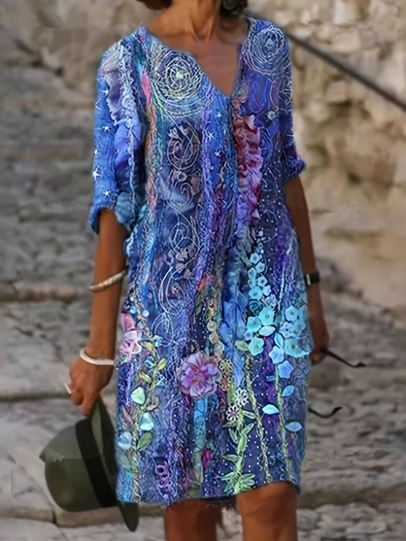  Casual Dress Women's Plus Painting Print Roll Up Sleeve Dress