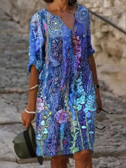  Casual Dress Women's Plus Painting Print Roll Up Sleeve Dress