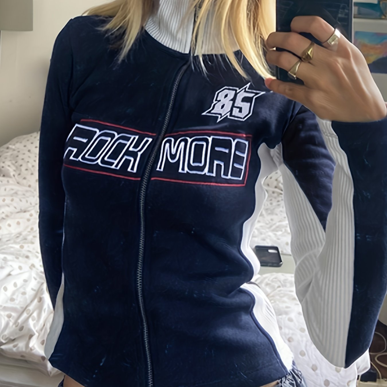 Letter Print Block Zip Up Long Sleeve Y2K Top
