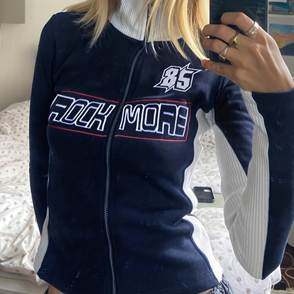Letter Print Block Zip Up Long Sleeve Y2K Top
