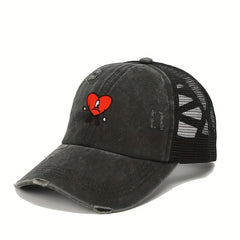 Heart Ripped Ponytail Baseball Cap Candy Washed Distressed Mesh Trucker Hat