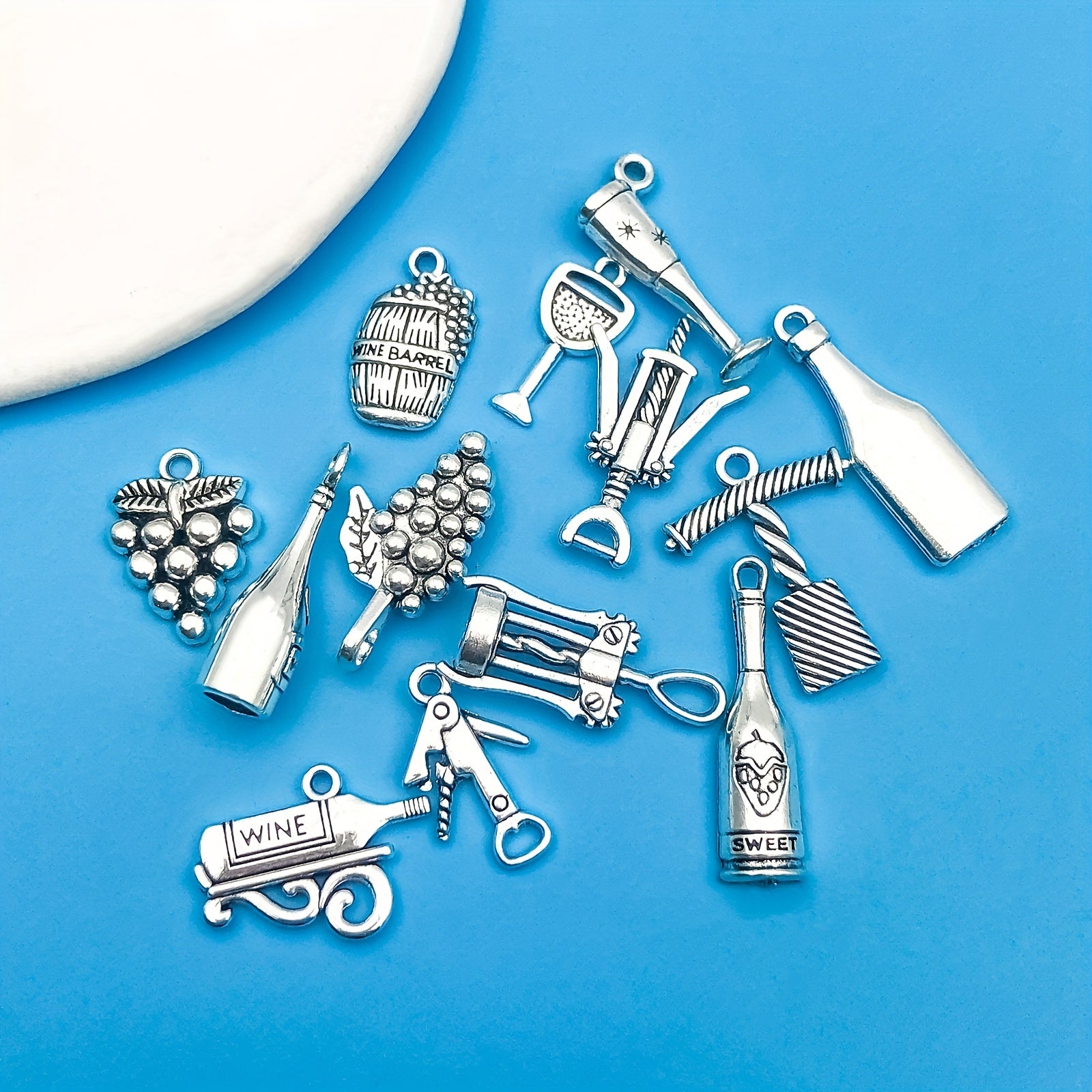 12pcs Antique Silver Red Wine Bottle Pendant Set for DIY Jewelry Making