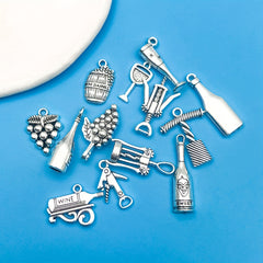 12pcs Antique Silver Red Wine Bottle Pendant Set for DIY Jewelry Making