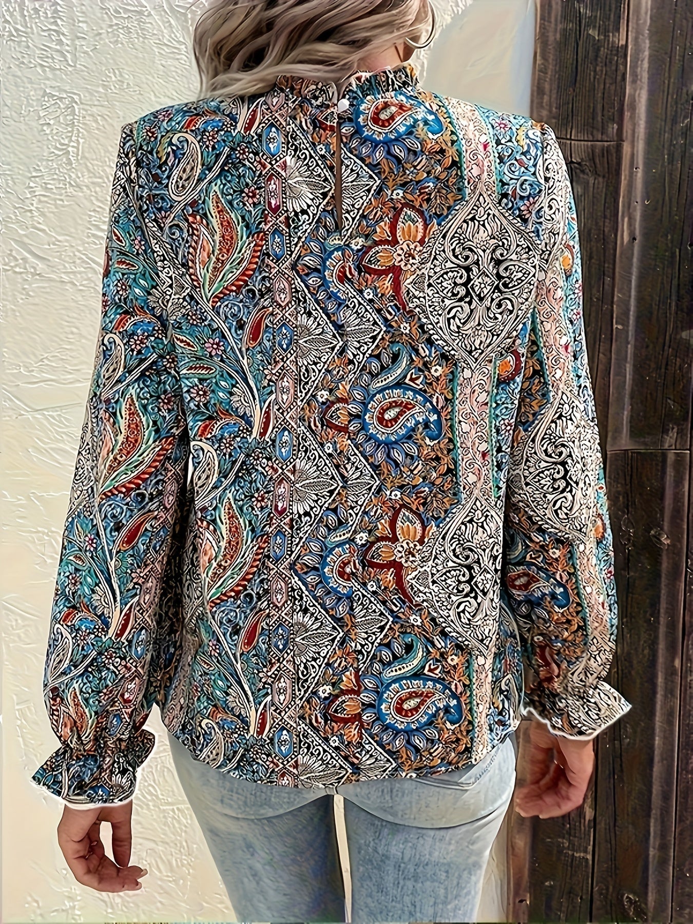  Boho Blouse Women's Paisley Floral Print Ruffle Trim Sleeve