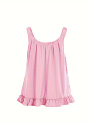  Casual Cami Top Women's Plus Solid Elastic Round Neck Ruffle Trim